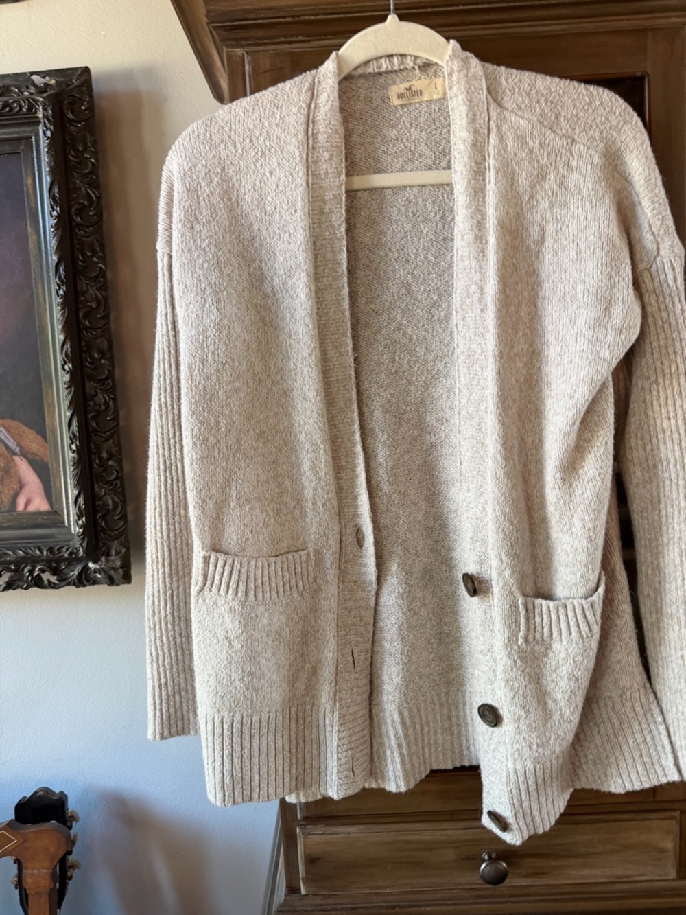 Hollister Cream Knit Open-Front Button Cardigan